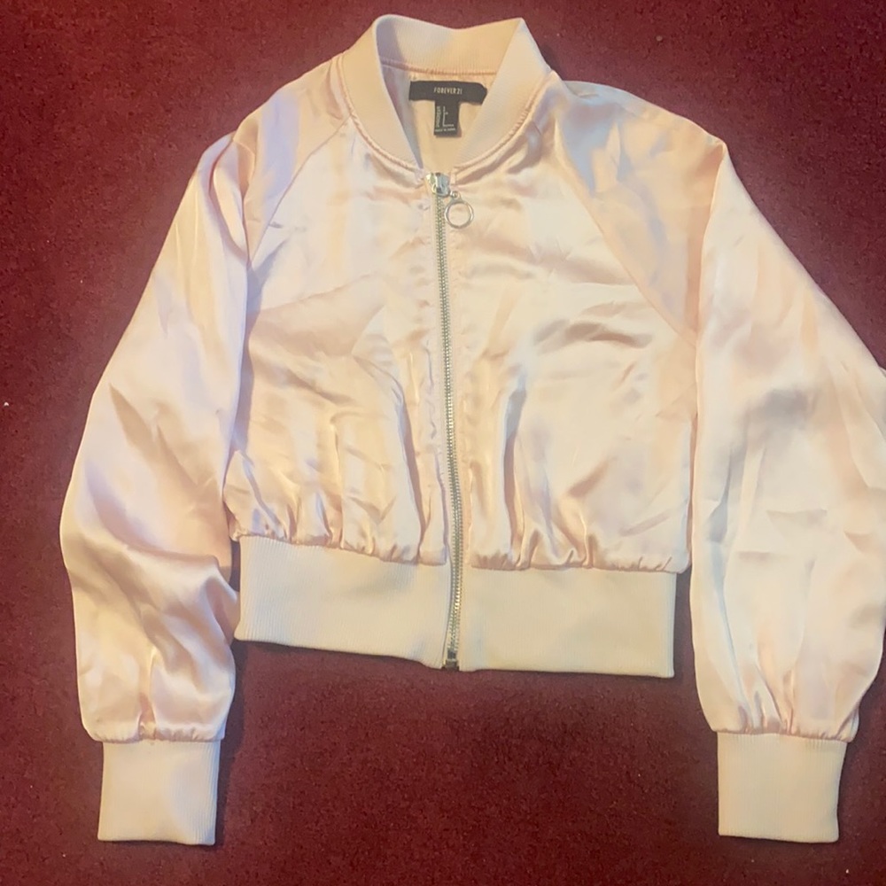 Forever 21 pink silk like zip up jacket